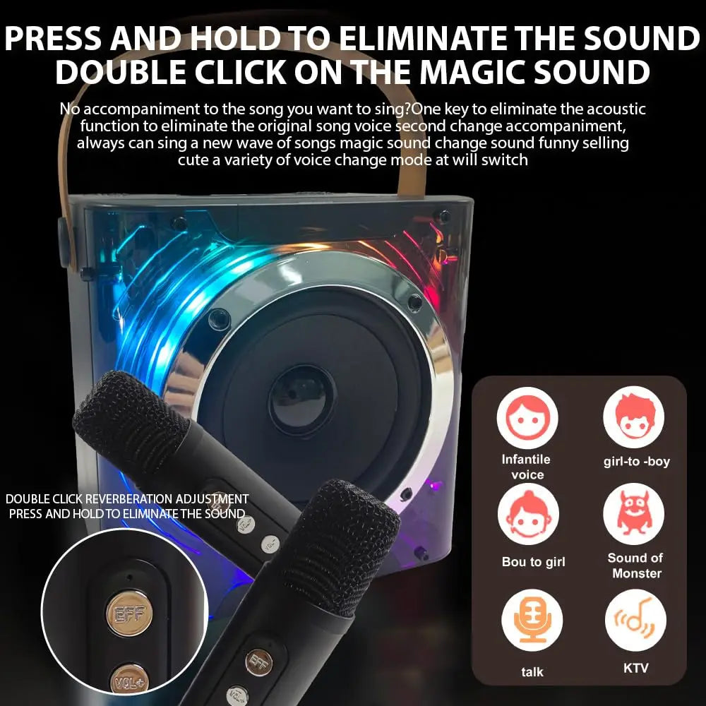 High Power Karaoke Machine, Mini Bluetooth Speaker and Microphone Set, RGB Lighting Effects, Stereo Subwoofer, with Phone Holder