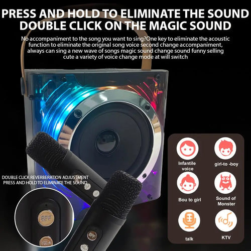 High Power Karaoke Machine, Mini Bluetooth Speaker and Microphone Set, RGB Lighting Effects, Stereo Subwoofer, with Phone Holder